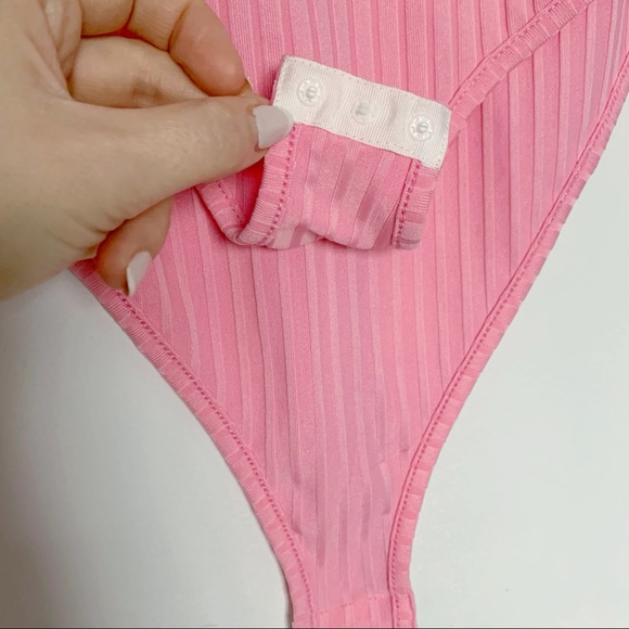 Bright Pink Ribbed Mock Neck Bodysuit with snap closure - Picture 3 of 5